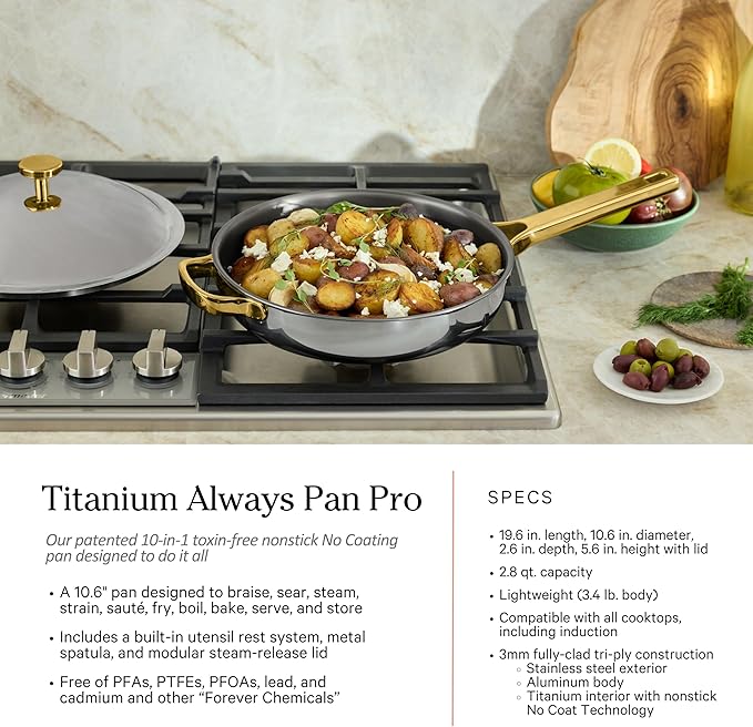 Our Place Titanium Pro Cookware Set | 10-Piece Pots and Pans Set with Always Pan Pro Perfect Pot Pro &amp Minis | Non-Toxic No-Coating Nonstick | Induction &amp Oven-Safe up to 750°F | Gold