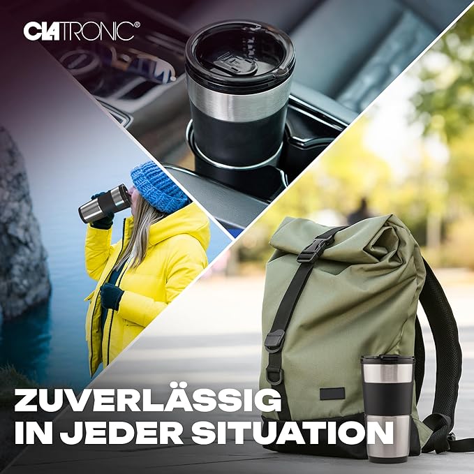 Clatronic Coffee Machine with Coffee To Go Mug 400 ml Suitable for All Standard Drink Holders (e.g. Car) Filter Coffee Machine with Stainless Steel Cup and Aroma Lid Coffee Machine Small KA 3733