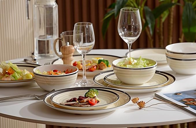 Melamine Dinnerware Set for 4 12Pcs Dinnerware Sets Lightweight Plates And Bowls Sets Morden Dishes Sets for Indoor and Outdoor Use Dishwasher Safe BPA Free(Off White)