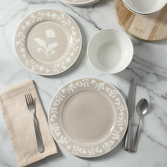 Martha Stewart Maiden Crown 12-Piece Taupe Dinnerware Set – New Bone China Ceramic Plates &amp Bowls – Floral Design – Service for 4 – Dishwasher &amp Microwave Safe