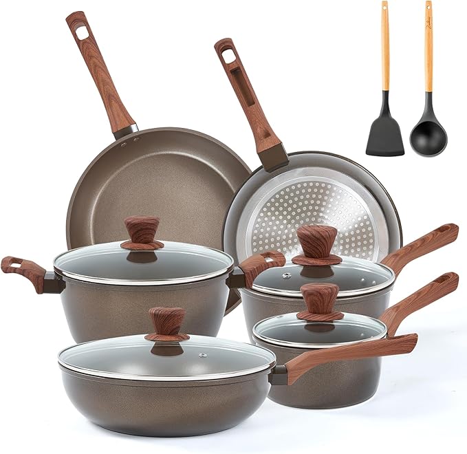12Pcs Pots and Pans Set Nonstick Cookware Sets Non Stick Pots and Pan Set with Frying Pans Saucepans Steamer Silicone Shovel Spoon