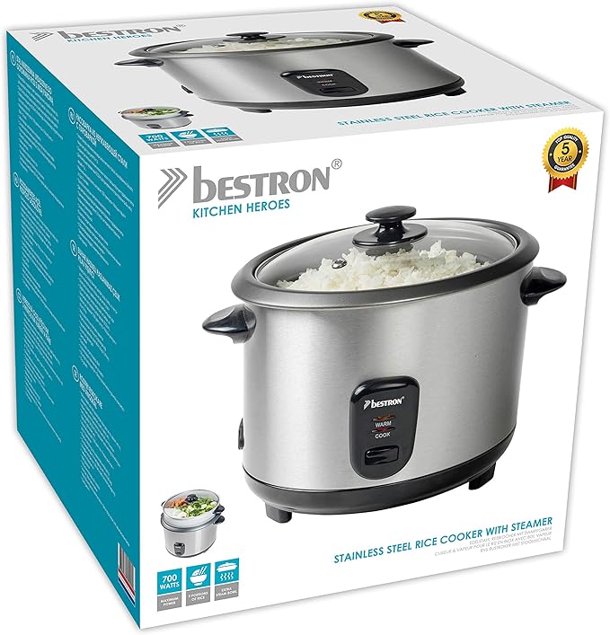 Bestron Rice cooker with steam basket and keep warm function 1.8 litres 700W stainless steel