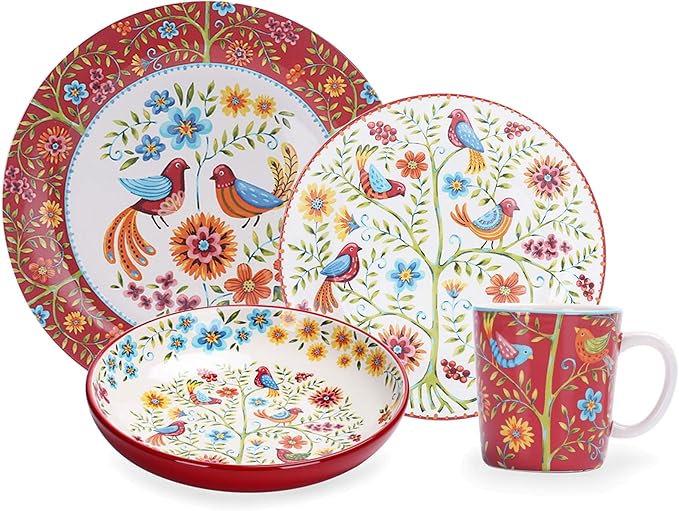Bico Red Spring Bird Ceramic 16 pcs Dinnerware Set Service for 4 Inclusive of 11 inch Dinner Plates 8.75 inch Salad Plates 35oz Dinner Bowls and Mugs for Party Microwave &amp Dishwasher Safe