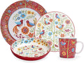 Bico Red Spring Bird Ceramic 16 pcs Dinnerware Set Service for 4 Inclusive of 11 inch Dinner Plates 8.75 inch Salad Plates 35oz Dinner Bowls and Mugs for Party Microwave &amp Dishwasher Safe
