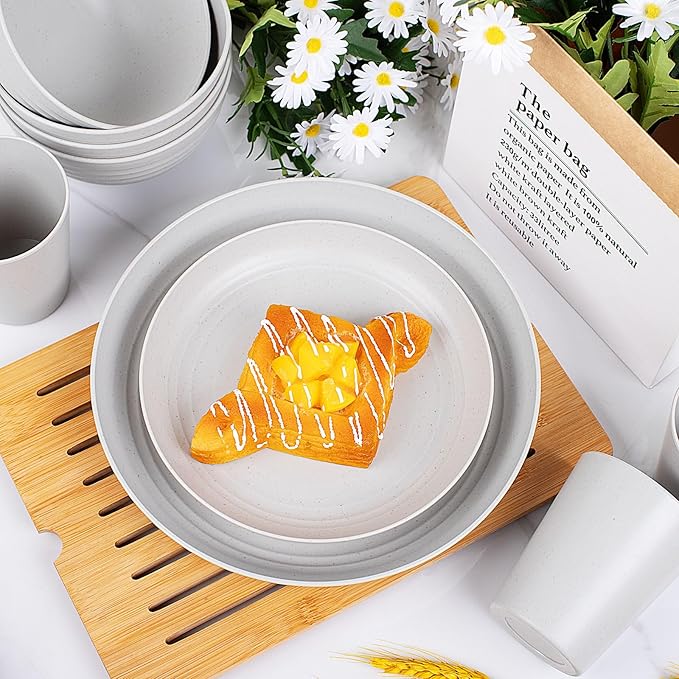 EI 42pcs Wheat Straw Dinnerware SetUnbreakable Reusable Plastic PlatesBig Bowls and Pltes for KitchenGrey Plates and Bowls Setsfor Family DinnerCampingPicninc