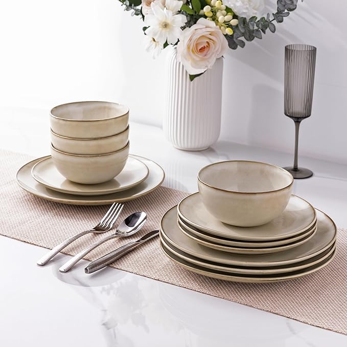 GBHOME Ceramic Dinnerware Sets for 6 18 Pieces Stoneware Plates and Bowls Sets Reactive Glaze Dishes -Scratch Resistant Dishwasher&ampMicrowave Safe-Cappuccino