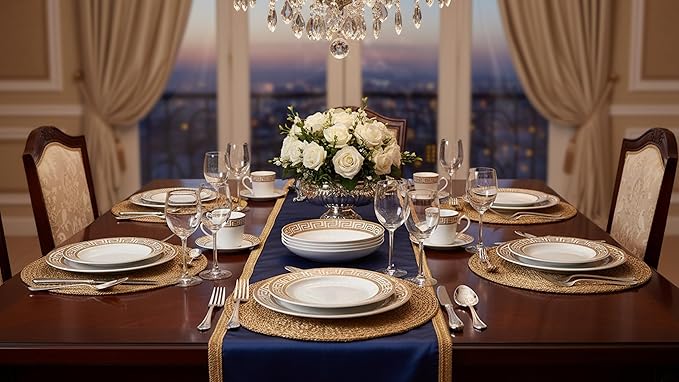 Lorren Home Trends 24 Piece Bone China Dinnerware Set with Gold Greek Key Design Service for 4 White