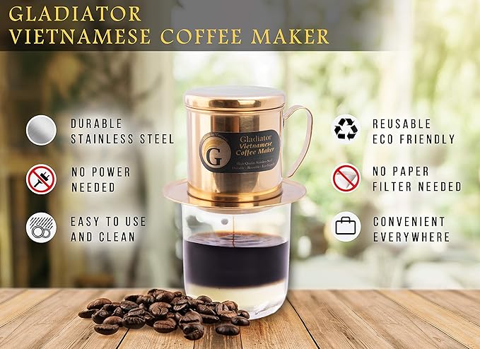 Vietnamese Coffee Maker Filter Phin Small French Press Portable Cup Single Serve Coffee Makers Gift for coffee lovers (Gold 1)
