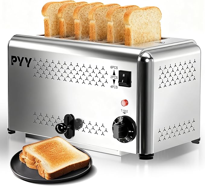 PYY Commercial Toaster 6 Slices - with 2/4/6 Slice Options 180 Pcs/H 5-Level Setting Toaster with Removable Crumb Tray 1.1 inch Wide Slot for Bagel and Bread 1650W Stainless Steel for Restaurant