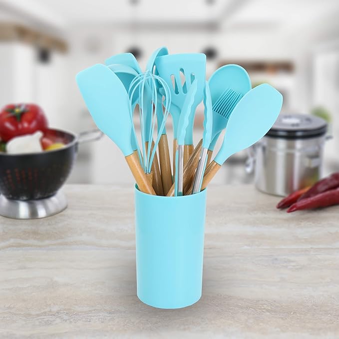 MegaChef Tool Wooden Cookware Utensil Set 12 Piece Light Teal and Wood Texture