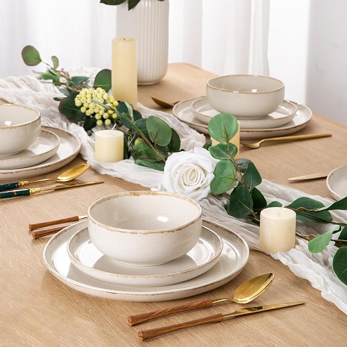 AmorArc Ceramic Dinnerware Sets Wavy Rim Stoneware Plates and Bowls Sets Highly Scratch Resistant | Dishwasher &amp Microwave Dishes set Service for 4 (12pc)-Speckled Cappuccino)