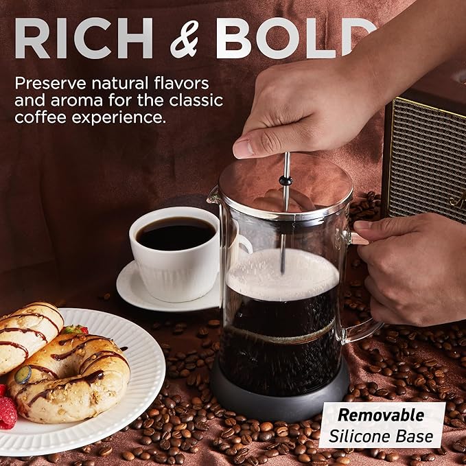 Elite Gourmet FP1223X French Press 34-Ounce Double Wall Insulated Heavy Duty Thick High-Heat Borosilicate Glass BPA-Free Cold Brew Coffee Maker 1-Liter