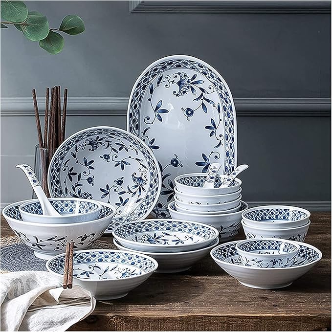 Dinner Set for Luxury Restaurant and Home Ceramics Dinner Sets Blue and White Porcelain Dinnerware Set of 45 | Simplicity Cereal Bowl and Steak Plate Set