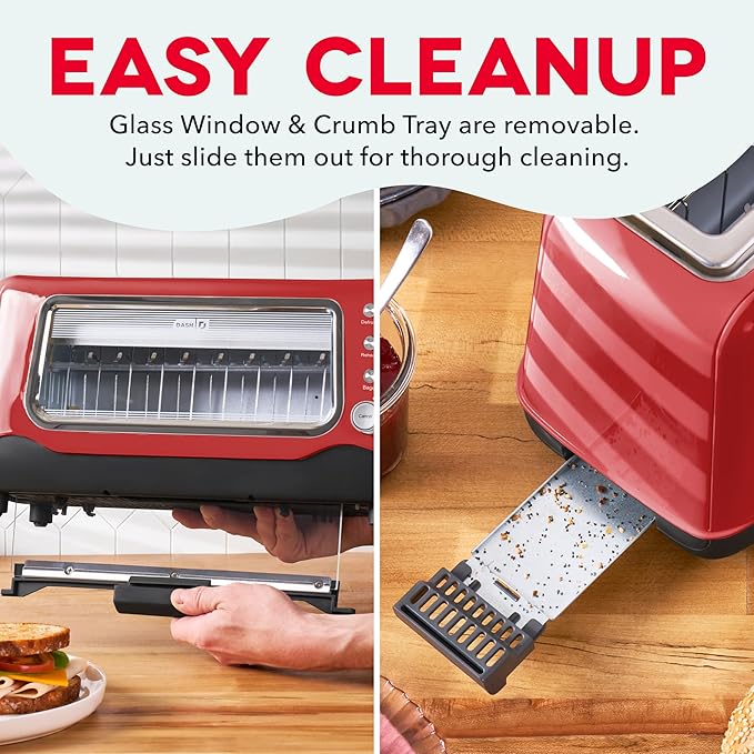 Dash Clear View Toaster - Features Large Window &amp Extra-Wide Slots - Auto-Shut Off Feature - Bagel Functions &amp Seven-Browning Levels - 1-Touch Defrost - Red
