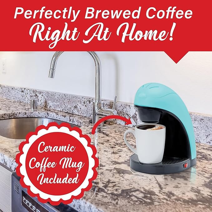 Single Serve Coffee Maker with Porcelain Mug – Compact One Cup Coffee Brewer with Measuring Spoon Removable Drip Tray Blue