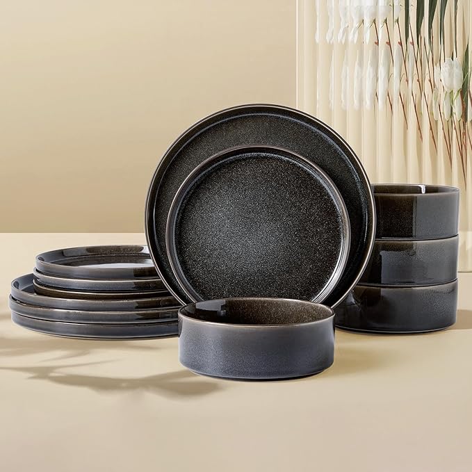 Dinnerware Sets for 4 ceramics Plates and Bowls Set 12-Piece Modern Stoneware Dinnerware – Chip Resistant Non-Toxic Dishwasher and Microwave Safe Tableware Black