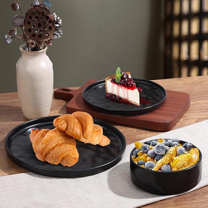 LIANYU Stoneware Dinnerware Dishes Sets for 8 24 Piece Plates and Bowls Dishware Set Ceramic Dinning Ware Includes Dinner Salad Plates Cereal Bowls Chip &amp Scratch Resistant Obsidian Matte Bla