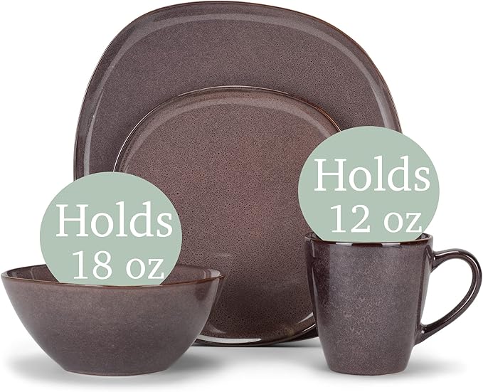 Elanze Designs 16-Piece Modern Luxury Chic Smooth Vintage Handmade Shape High Gloss Ceramic Stoneware Square Plate Mug &amp Bowl Kitchen Dinnerware 16 Piece Set - Service for 4 Plum Purple