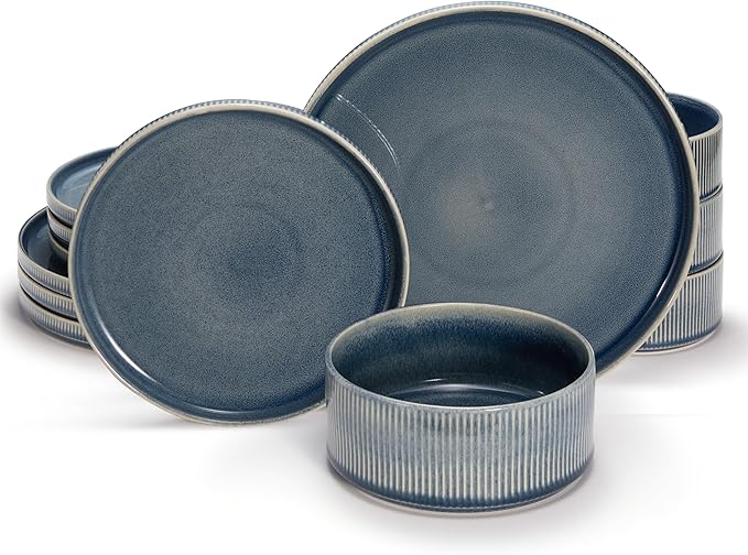 Ceramic Dinnerware Set by Vase and Vessel 12-Piece Service for 4 9.8” Dinner Plates 8” Salad Plates 20 oz Bowls Ombre Reactive Glaze Durable Stoneware Microwave &amp Dishwasher (Denim)