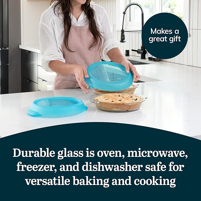 Libbey Baker’s Premium 2 Piece Glass Pie Plate Stackable Space Saving Casserole Dish Set with Lids Glass Baking Dish Set for Fruit Pies Quiches