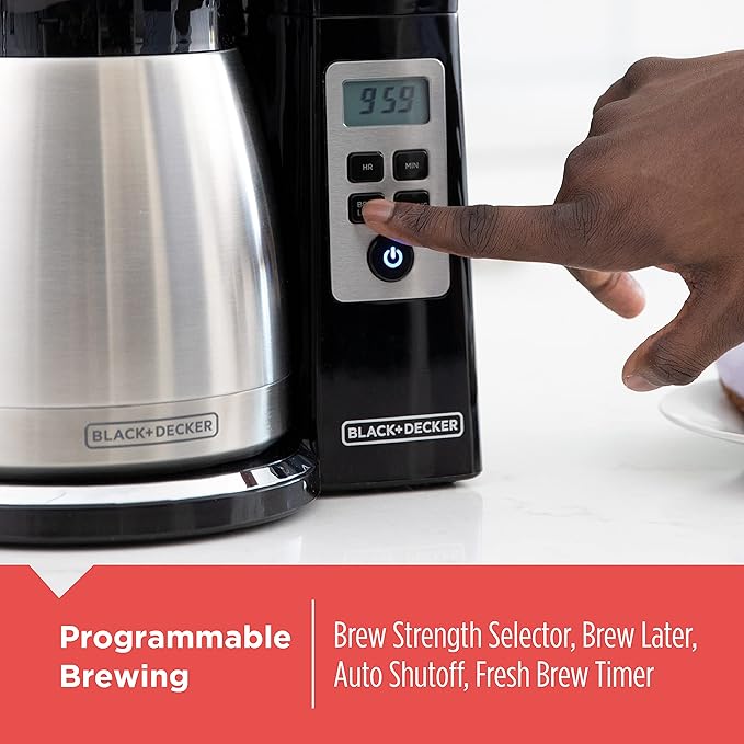 BLACK+DECKER 12 Cup Thermal Programmable Coffee Maker with Brew Strength and VORTEX Technology Black/Steel CM2046S