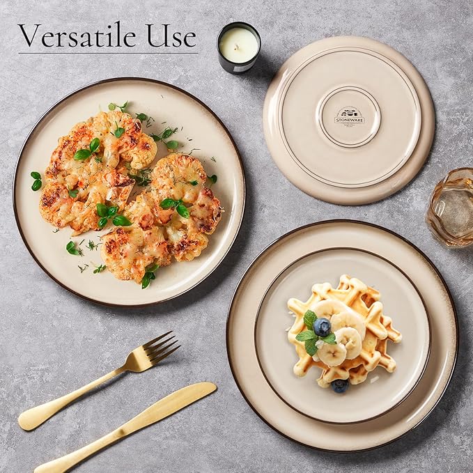 E-far 12-Piece Plates and Bowls Set and 8” Ceramic Salad Plates Set of 6 Budnle Stoneware Dinnerware Sets for 4 Round Dessert Plate for Home Kitchen Restaurant Microwave &amp Dishwasher Safe