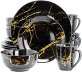 Elama Fine Marble 16 Piece Glossy Round Porcelain Dinnerware Set Black and Gold Tableware Set Serveware Set (Black)