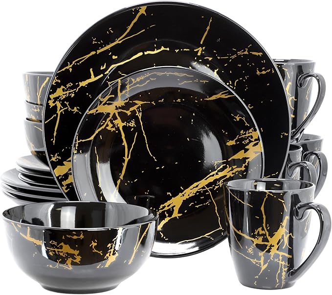 Elama Fine Marble 16 Piece Glossy Round Porcelain Dinnerware Set Black and Gold Tableware Set Serveware Set (Black)
