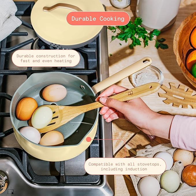 12-Piece Ceramic Non-Stick Cookware Set | Pots &amp Pans with Lids | PFOA-Free Ceramic Coating | Induction Compatible &amp Oven Safe | Gold Handles | Includes Protectors