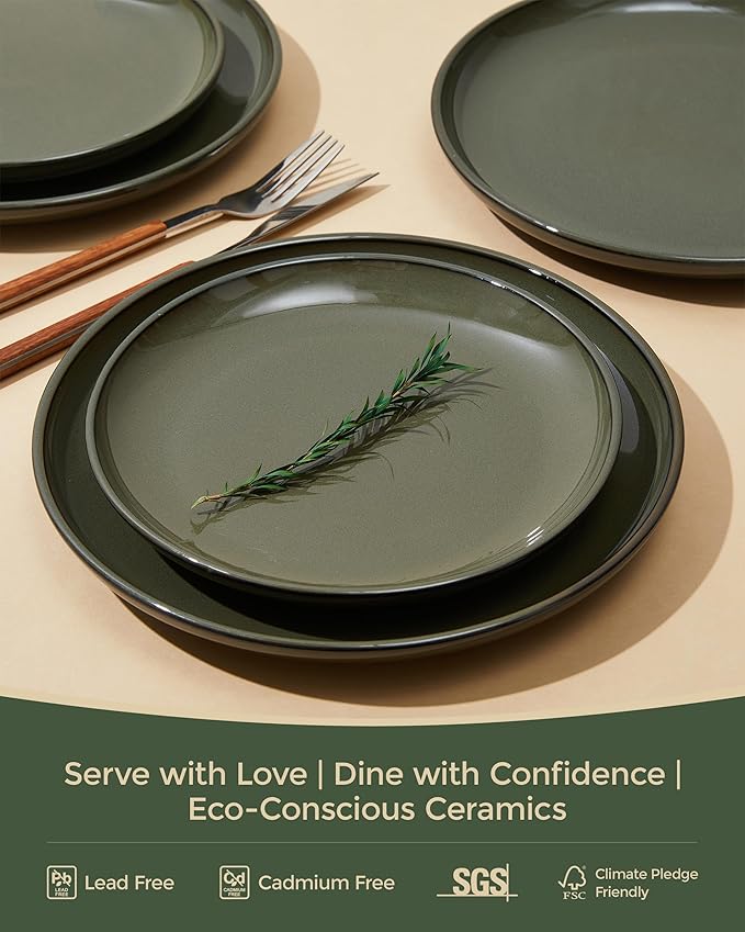 Santorini Mist Terracotta Reactive Glaze Plates and Bowls Sets Stoneware Dinnerware Sets Microwave and Dishwasher Safe Ceramic Dish Set Service for 4 Blackish Green