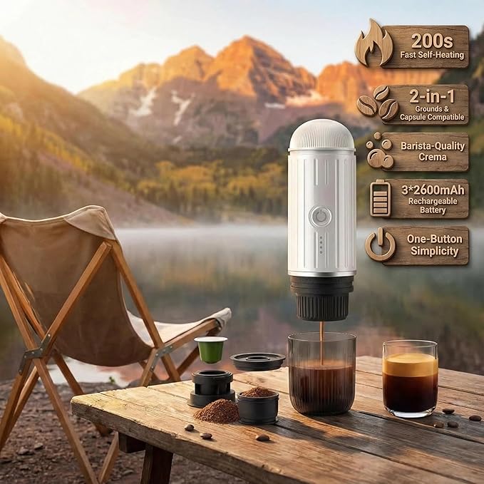 Portable Electric Espresso Machine Self-heating with USB-C 12V 7800mAh Long battery life Travel Coffee Maker for Camping Hiking Office Car Compatible with NS Capsules &amp Ground Coffee