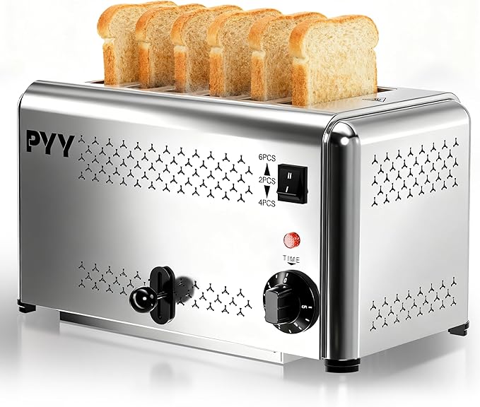 PYY Toaster Pop Up Wide Slots 1.57 inch Stainless Steel 6-Level Setting with Removable Crumb Tray 225 Slices/Hour 1800W - Bread Bagels Breakfast Texas Toast Restaurant Commercial