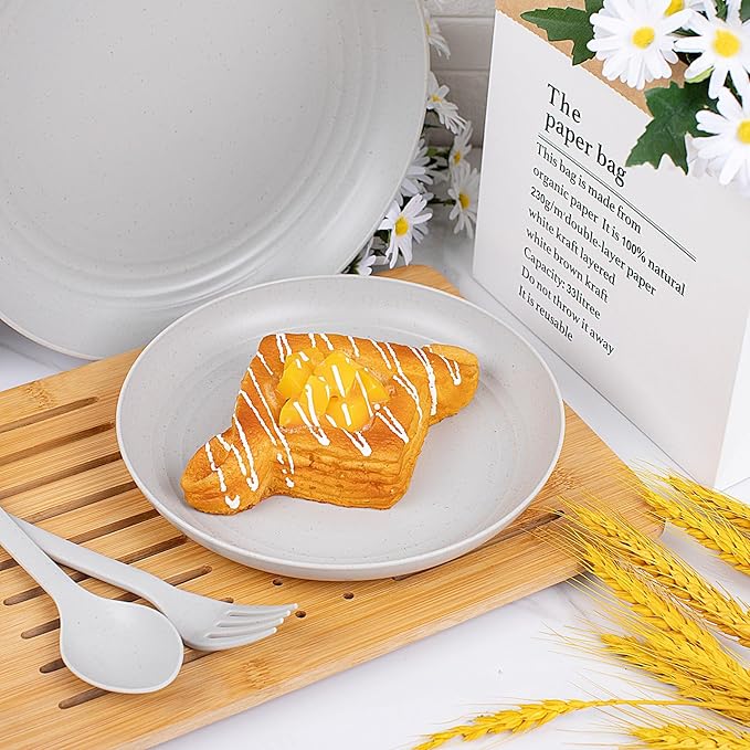EI 42pcs Wheat Straw Dinnerware SetUnbreakable Reusable Plastic PlatesBig Bowls and Pltes for KitchenGrey Plates and Bowls Setsfor Family DinnerCampingPicninc