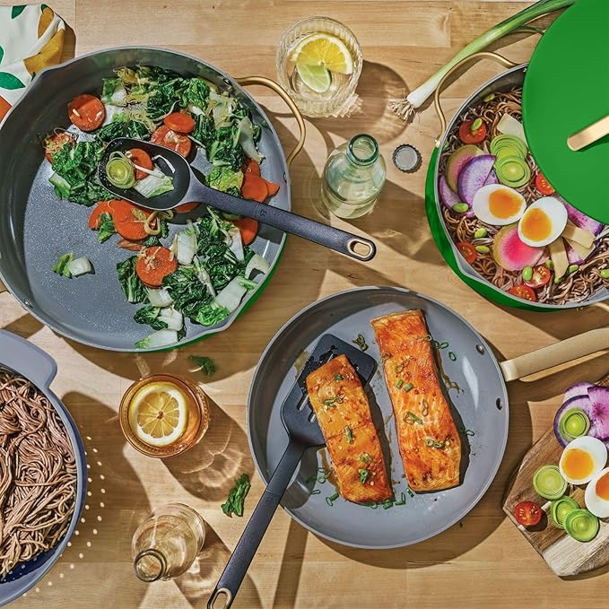Pans12pc Ceramic Non-Stick Cookware Set by Drew Barrymore Pots &amp Pans with Lids Dishwasher‑SafeSoft‑Touch Handles Even‑Heat Base. (Kelly Green)