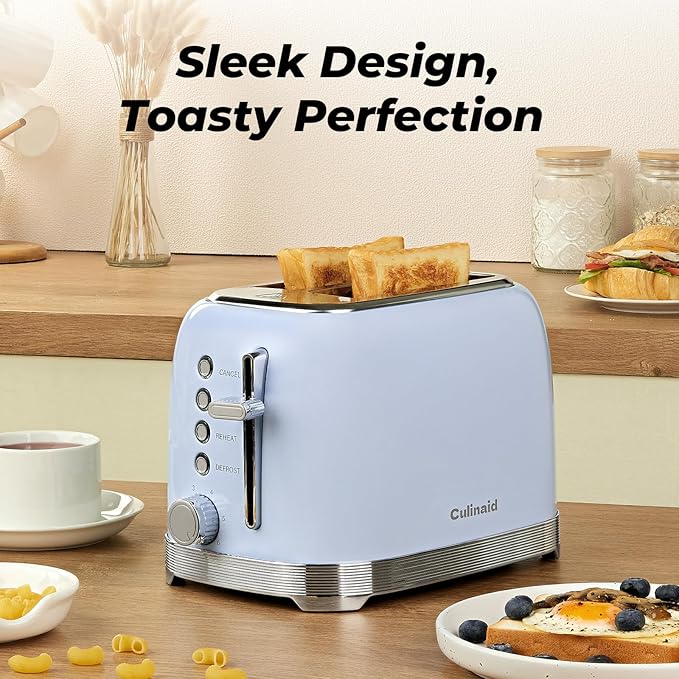 Toaster 2 Slice Retro Stainless Steel with 1.5” Extra Wide Slots Bagel Defrost Reheat Cancel Functions 6 Bread Shade Settings Removable Crumb Tray Blue