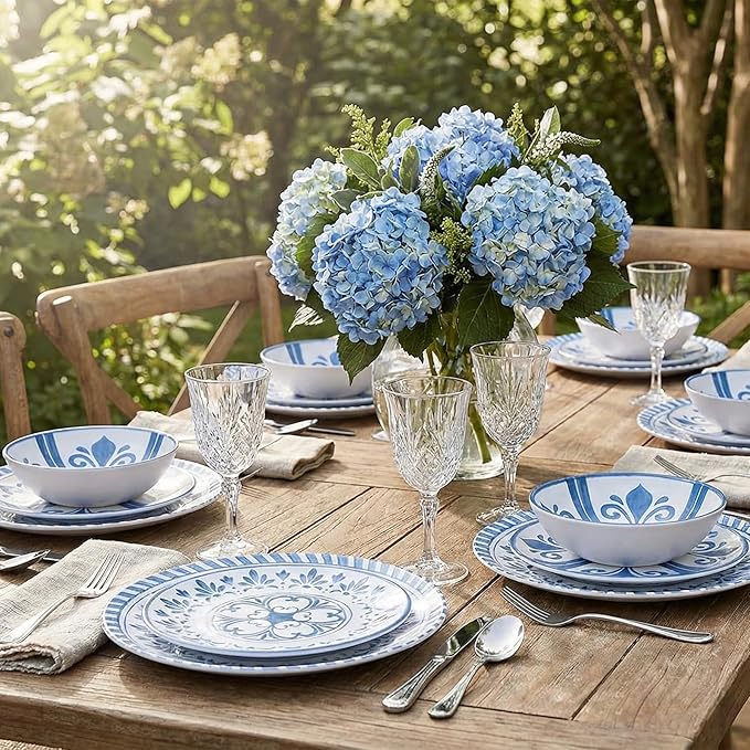 Melamine Dinnerware Sets for 4 12-Piece Plates and Bowls Sets - 4 Dinner Plates 4 Salad Plates 4 Cereal Bowls - Shatterproof &amp Lightweight for Indoor/Outdoor Dining Embossed Textures