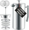 Belwares French Press Coffee Maker 50 oz - Large 304 Stainless Steel Double Wall Insulated Thermal Coffee Press for Home Kitchen 4-Level Filtration with Extra Screens Dishwasher Safe 1.5L Silver