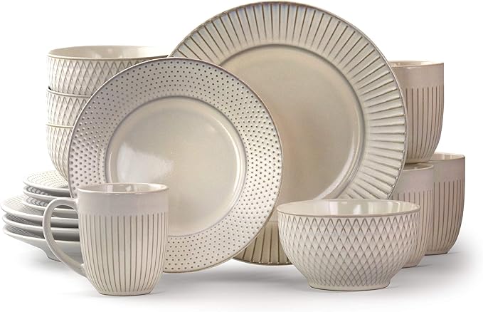 Unknown1 Marketplace Dinnerware Set in Embossed White Beige Solid Casual Round Stoneware 16 Piece Microwave Safe Brown Medium