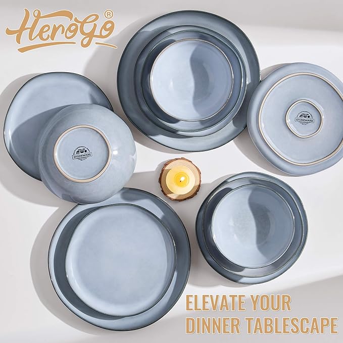 Herogo Stoneware Dinnerware Sets for 6 24 Piece Ceramic Dinner Dishes Set Irregular Handmade Plates and Bowls Dishware Crack and Scratch Resistant Reactive Glaze Smoky Blue