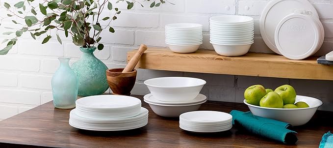Corelle Vitrelle 78-Piece Service for 12 Dinnerware Set Triple Layer Glass and Chip Resistant Lightweight Round Plates and Bowls Set Winter Frost White