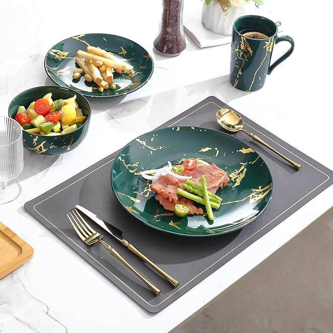 Modern Porcelain 16 Piece Green Dinnerware SetPlates and Bowls SetsGold Dish Set for 4Green Dinnerware SetDinner Sets with Dinner Plates.
