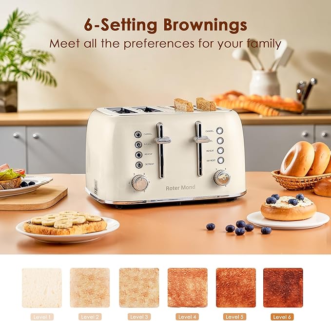 Roter Mond Toaster 4 Slice Retro Stainless Steel with Extra Wide Slots Bagel Defrost Reheat Function Dual Independent Control Panel Removable Crumb Tray 6 Browning Levels Cream White
