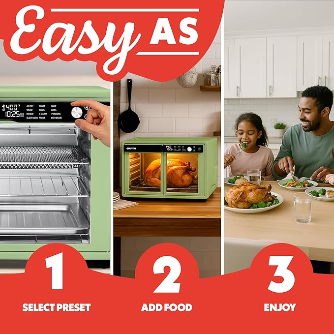 Gourmia French Door Air Fryer Oven - 37 Qt Large Capacity Convection Toaster Oven FryForce 360° Digital Display 12 Cooking Presets Dehydrate Fits 13” Pizza Dishwasher-Safe Green