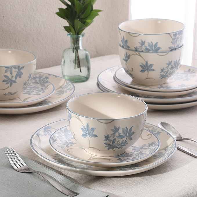 Gibson Home Admiral Hall 12-Piece Matte Stoneware Dinnerware Set – Dinner Plates Salad Plates &amp Bowls with Blue Floral Pattern Durable Everyday Dish Set Microwave &amp Dishwasher Safe