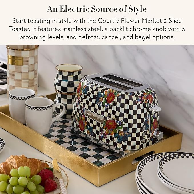 MACKENZIE-CHILDS 2-Slice Toaster Decorative Toaster for Kitchen Black-and-White Courtly Flower Market
