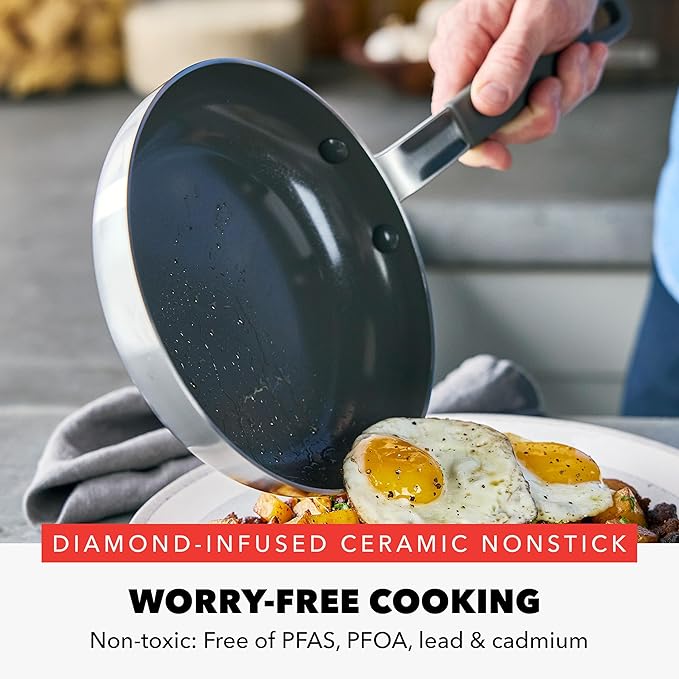 GreenPan x Bobby Flay Stainless Steel 3.75QT Saucepan with Glass Lid 8” and 10” Frying Pan Skillet Set and 3-Piece Knife Set Professional Grade Tri-Ply Stainless Steel Blades Induction Suitable