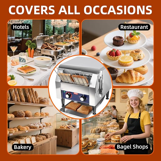 JOHAKYU Commercial Conveyor Toaster - 300 Slices/Hour Heavy Duty Stainless Steel for Buns Bagels Bread Restaurant Use/Includes Cleaning Accessories
