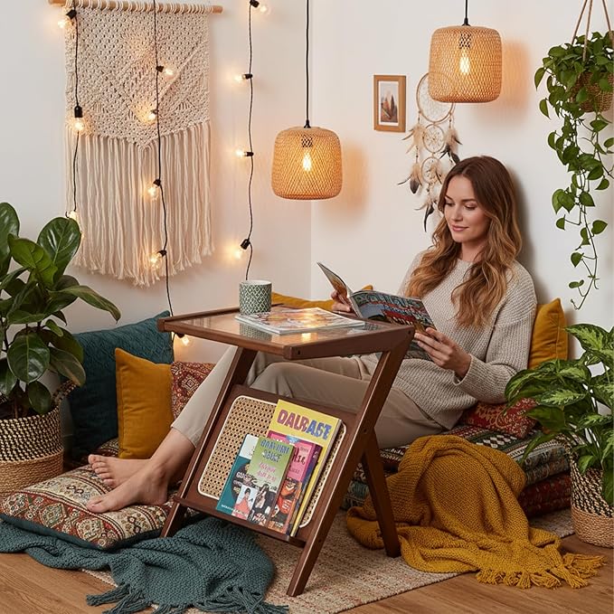Tiita Rattan Nightstand Side Table Bamboo Accent Bedside Tables Glass Coffee Tables Boho Wooden End Table with Storage for Small Space Living Room and Bedroom