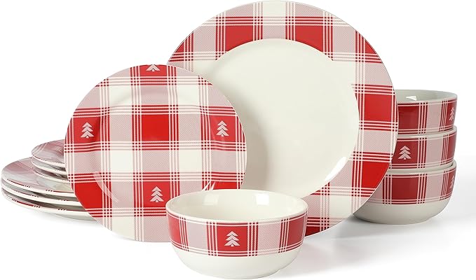 Martha Stewart Christmas Plates 12 Piece Decorated Red and White Stoneware Dinnerware Set