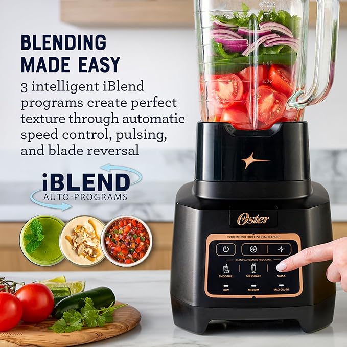 Oster Extreme Mix Blender 64oz Glass Jar 3 iBlend Preset Functions 1600-Watts 10-Point Blade Stack with Titanium Coating &amp 24oz Blend-N-Go Cup